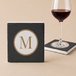 Posavasos De Piedra Monograma personalizado de sello central negro y d