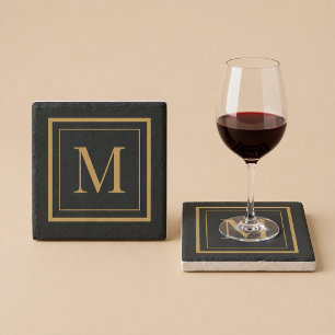 Posavasos De Piedra Monograma personalizado en marco negro y dorado