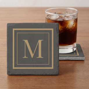 Posavasos De Piedra Monograma personalizado en marco negro y dorado