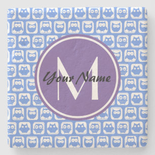 Posavasos De Piedra Monograma Personalizado Lechuzas Azules