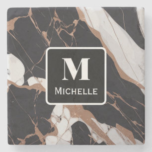 Posavasos De Piedra Monograma personalizado Mármol negro y oro