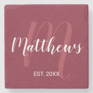Posavasos De Piedra Monograma Personalizado y Nombre de Familia Rojo B