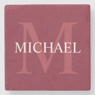 Posavasos De Piedra Monograma personalizado y nombre rojo borgoña