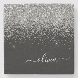 Posavasos De Piedra Monograma Plata Purpurina Negro Script Nombre Giro