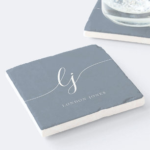 Posavasos De Piedra Monograma Polvoriento Marina Azul Blanco Simple El