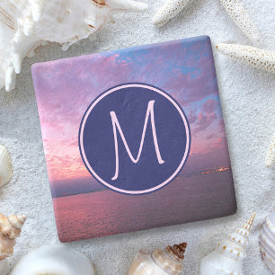 Posavasos De Piedra Monograma Púrpura Azul Rosa California Ocean Sunse