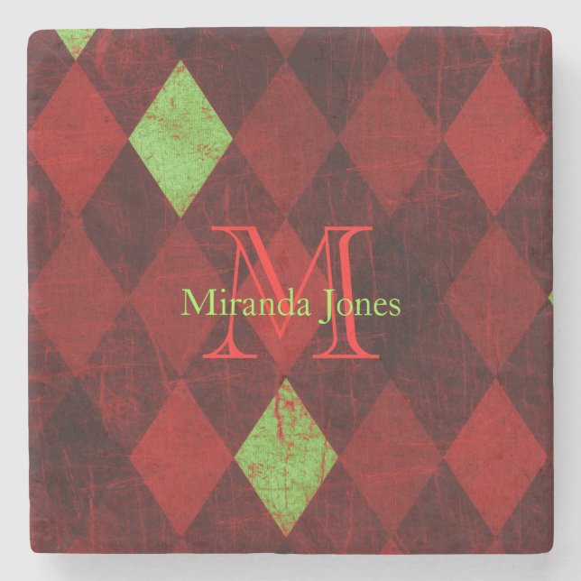 Posavasos De Piedra Monograma rojo del modelo del diamante del oro (Anverso)