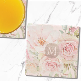 Posavasos De Piedra Monograma Rosado Dorado Flores Acuarela Floral