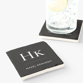 Posavasos De Piedra Monograma Simple Elegante Minimalista Nombre Negro