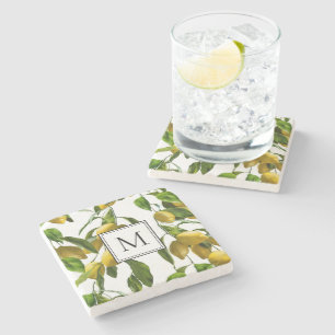 Posavasos De Piedra monograma sobre patrón de limones