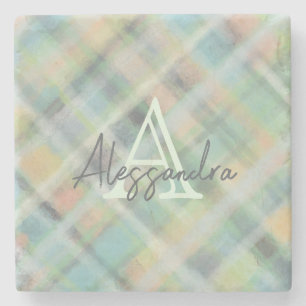 Posavasos De Piedra Monograma tartán pastel gris verde amarillo verde 