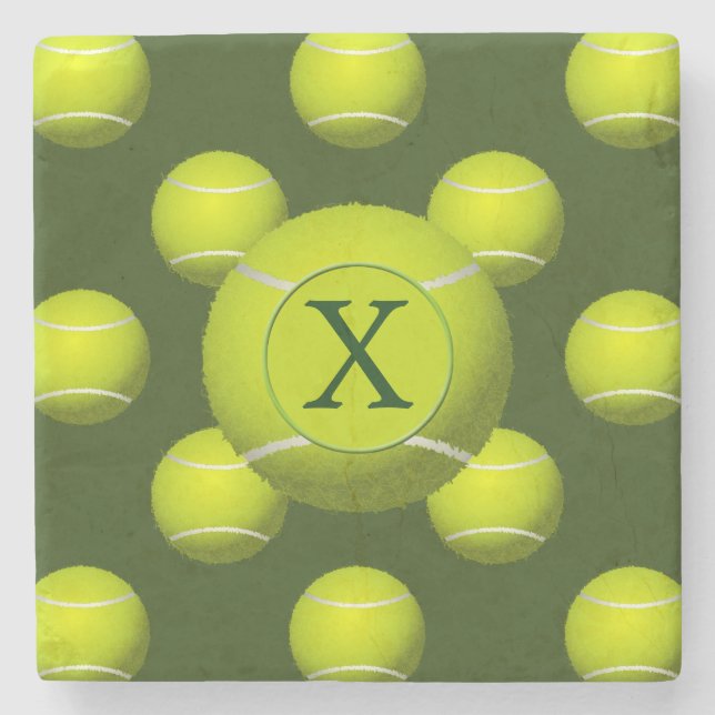 Posavasos De Piedra Monograma Tennis Balls Patrón deportivo, (Anverso)