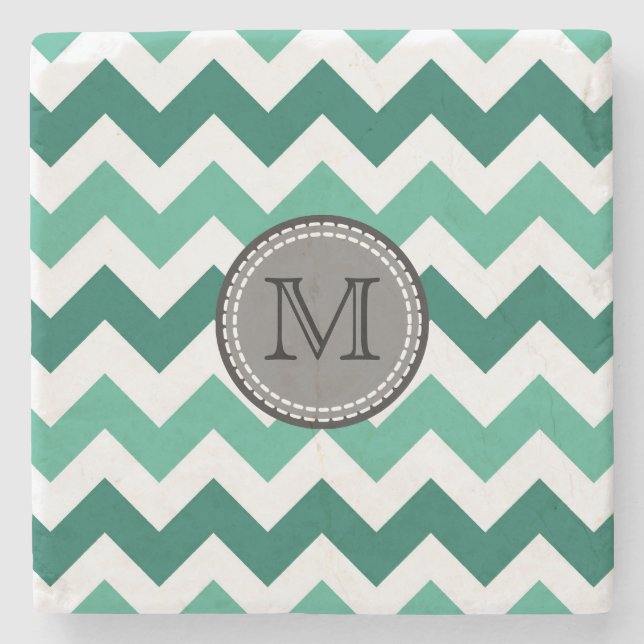 Posavasos De Piedra Monograma Turquesa y Mint Chevron Zigzag (Anverso)
