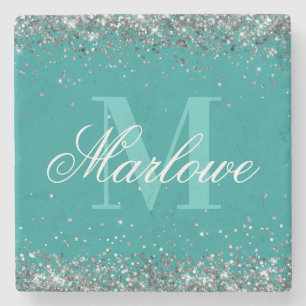 Posavasos De Piedra Monograma Verde azulado de Purpurina plateado eleg