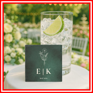 Posavasos De Piedra Monograma verde esmeralda Boda de flores silvestre