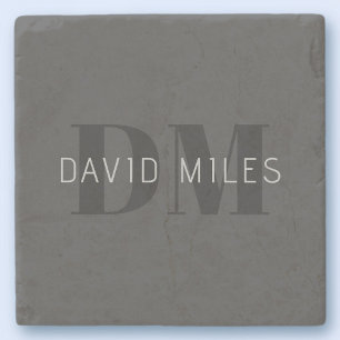 Posavasos De Piedra Monograma y nombre editable moderno gris oscuro y