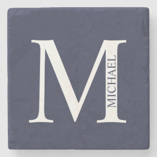Posavasos De Piedra Monograma y nombre personalizados del azul marino
