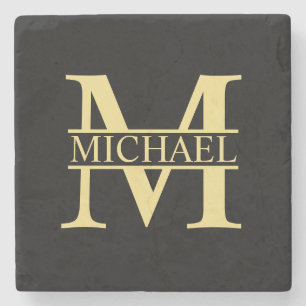 Posavasos De Piedra Monograma y nombre personalizados en negro y dorad