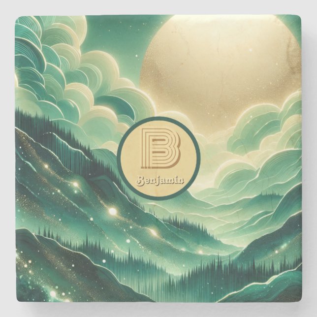 Posavasos De Piedra Monogramado del Purpurina Gradient Emerald Kelly G (Anverso)