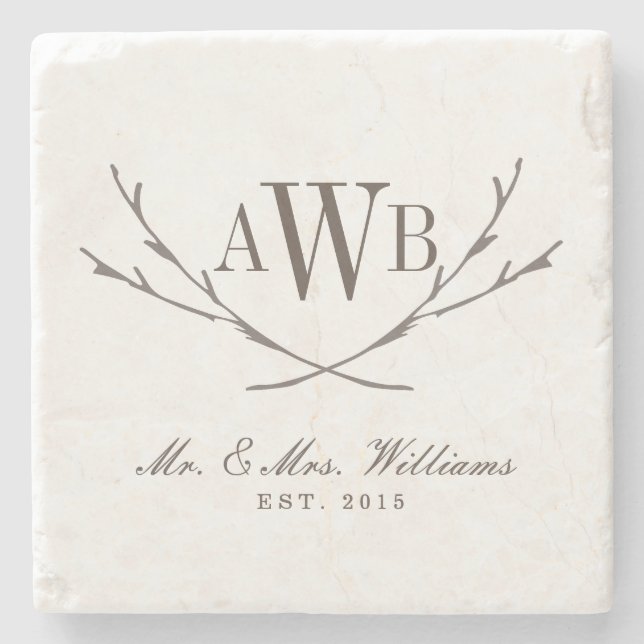 Posavasos De Piedra Monogramas de Boda Rústico (Anverso)