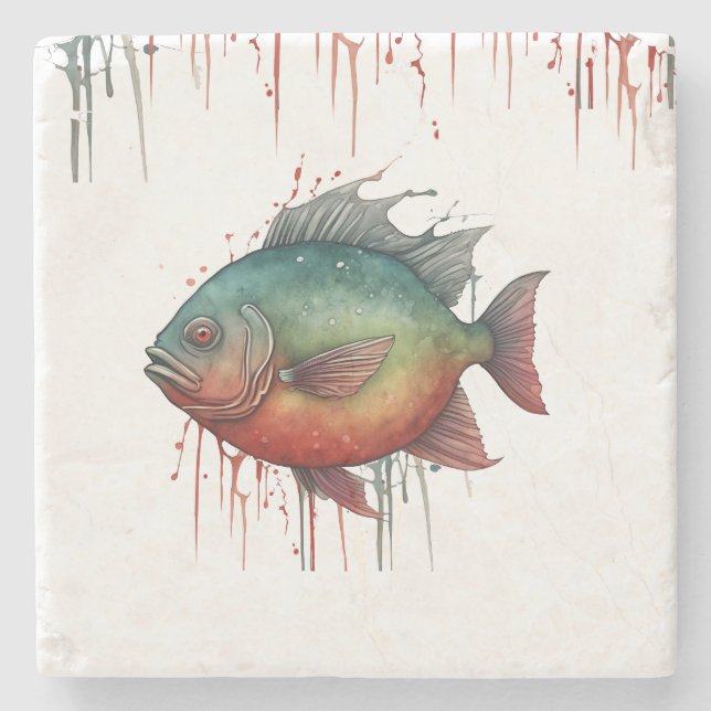 Posavasos De Piedra Monstruo - Serie acuarela: piraña (Anverso)