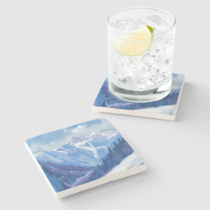 Posavasos De Piedra Montaña de esquí Cordillera de acuarela azul