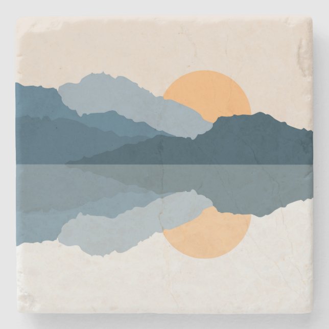 Posavasos De Piedra Montañas azules reflejadas en el lago (Anverso)