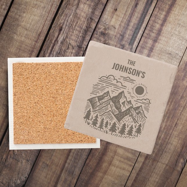 Posavasos De Piedra Montañas modernas rústicas personalizadas (Rustic Modern Mountain Custom Name Stone Coaster)