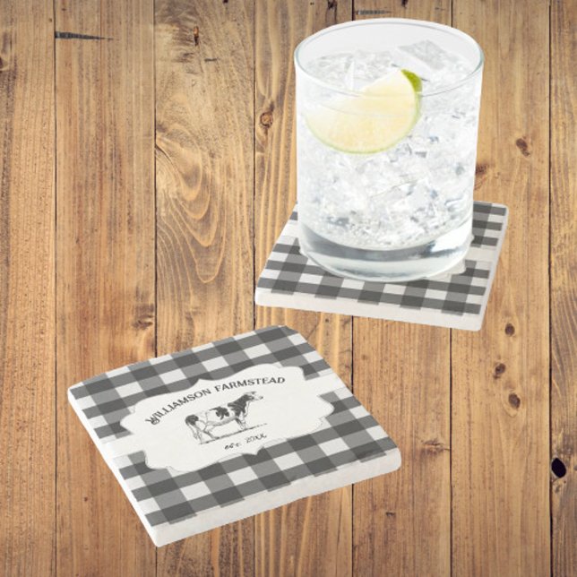 Posavasos De Piedra Montura de piedra de vaca de la granja de búfalo n (Black Buffalo Plaid Farm Cow Stone Coasters)