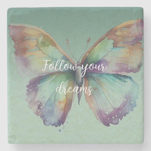 Posavasos De Piedra Morado Aqua Blue Gold Mint Butterflies (Anverso)