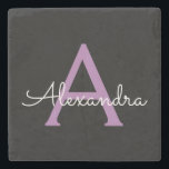 Posavasos De Piedra Morado Black Script Girly Monograma Nombre<br><div class="desc">Mosaico de piedra con nombre de monograma sencillo negro y púrpura. Esto hace que la graduación perfecta,  dulce cumpleaños de 16 años,  boda,  ducha de novia,  aniversario,  ducha de bebé o fiesta de soltera sea un regalo para alguien que ama el lujo glam y los estilos de moda.</div>