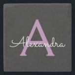 Posavasos De Piedra Morado Black Script Girly Monograma Nombre<br><div class="desc">Mosaico de piedra con nombre de monograma sencillo negro y púrpura. Esto hace que la graduación perfecta,  dulce cumpleaños de 16 años,  boda,  ducha de novia,  aniversario,  ducha de bebé o fiesta de soltera sea un regalo para alguien que ama el lujo glam y los estilos de moda.</div>