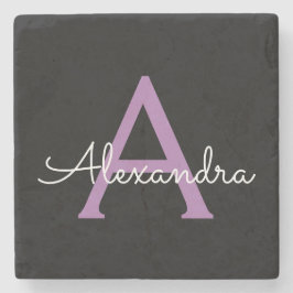 Posavasos De Piedra Morado Black Script Girly Monograma Nombre