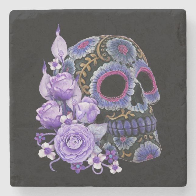 Posavasos De Piedra Morado Floral Black Sugar Skull Día De Los Muertos (Anverso)