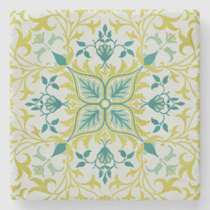 Posavasos De Piedra Morris Amarillo Turquesa Patrón de Vid y Flor
