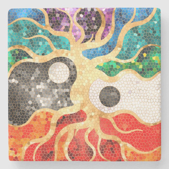 Posavasos De Piedra Mosaic Tree of life - Yin Yang (Anverso)