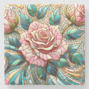 Posavasos De Piedra Mosaico de vidrio tintado de rosas rosadas