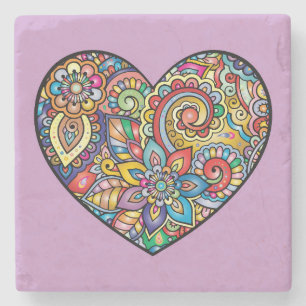 Posavasos De Piedra Mosaico muy colorido y corazón floral