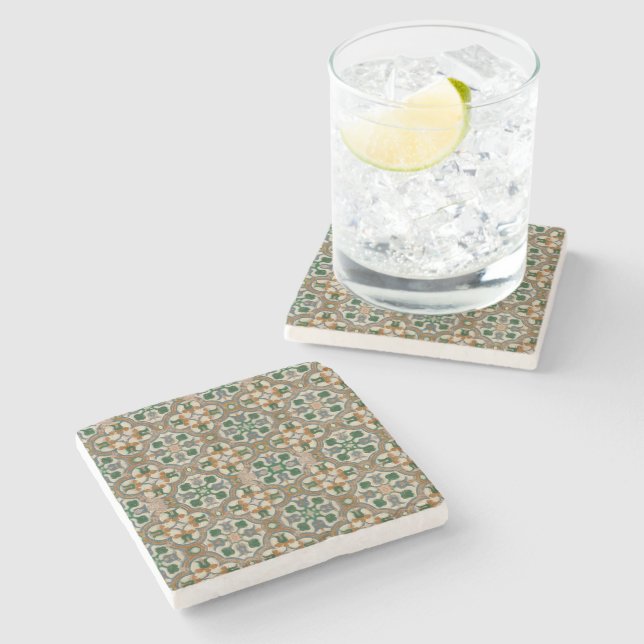 Posavasos De Piedra Mostaza verde floral Azulejos Patrón geométrico (Lateral)