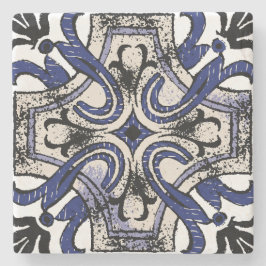 Posavasos De Piedra Motivo de azulejo mediterráneo ornamentado