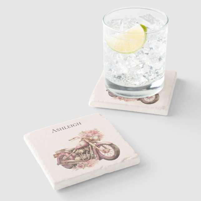 Posavasos De Piedra Motocicleta floral rosa   (Lateral)