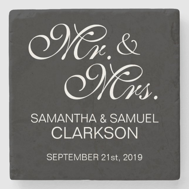Posavasos De Piedra MR y MRS personalizados. Favoritos de la boda blan (Anverso)