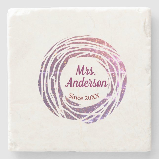 Posavasos De Piedra Mrs name pink mauve border since year wedding brid (Anverso)