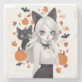 Posavasos De Piedra Mujer animosa con gato negro.