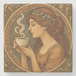 Posavasos De Piedra Mujer Art Nouveau Con Café