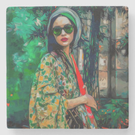 Posavasos De Piedra Mujer con gafas de sol verdes