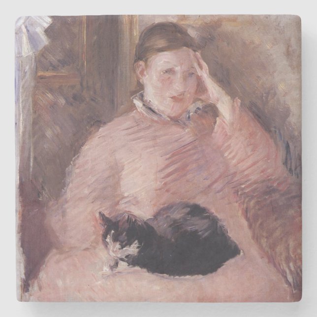 Posavasos De Piedra Mujer con un gato (por Edouard Manet) (Anverso)