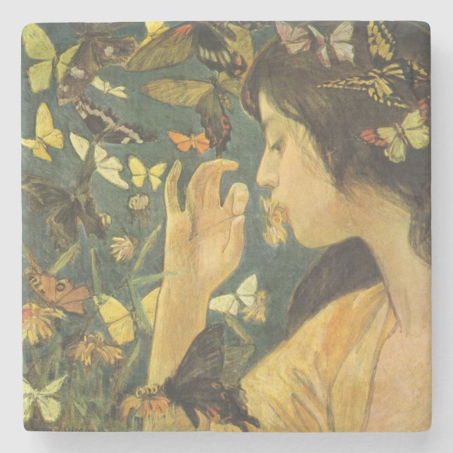 Posavasos De Piedra Mujer Elegante Con Hermosas Mariposas (Anverso)