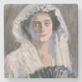 Posavasos De Piedra Mujer elegante con ventilador negro (Fujishima Tak