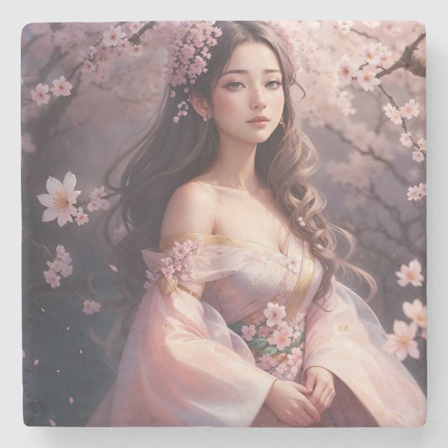 Posavasos De Piedra Mujer elegante en flores Foto Ampliación (Anverso)